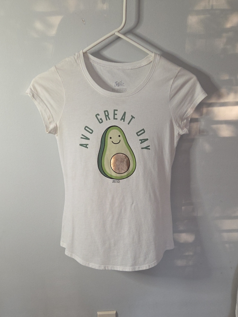 Justice White Tee with Green Avocado Graphic